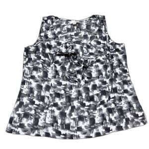 LOFT Blouse XL White Gry Black Abstract Ruffle Frnt Feminine Business Casual